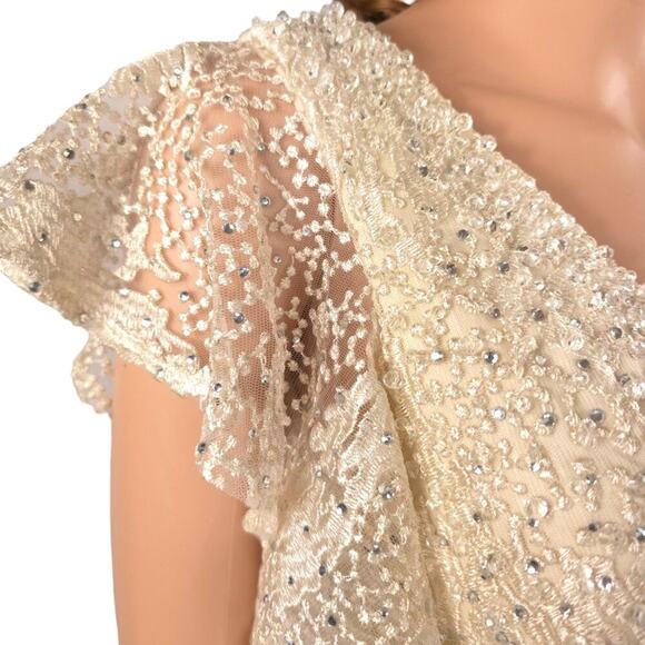 Mac Duggal Flutter Sleeve V-Neck Gown Ivory Nude Formal Maxi Beaded FLAWED - Picture 6 of 16